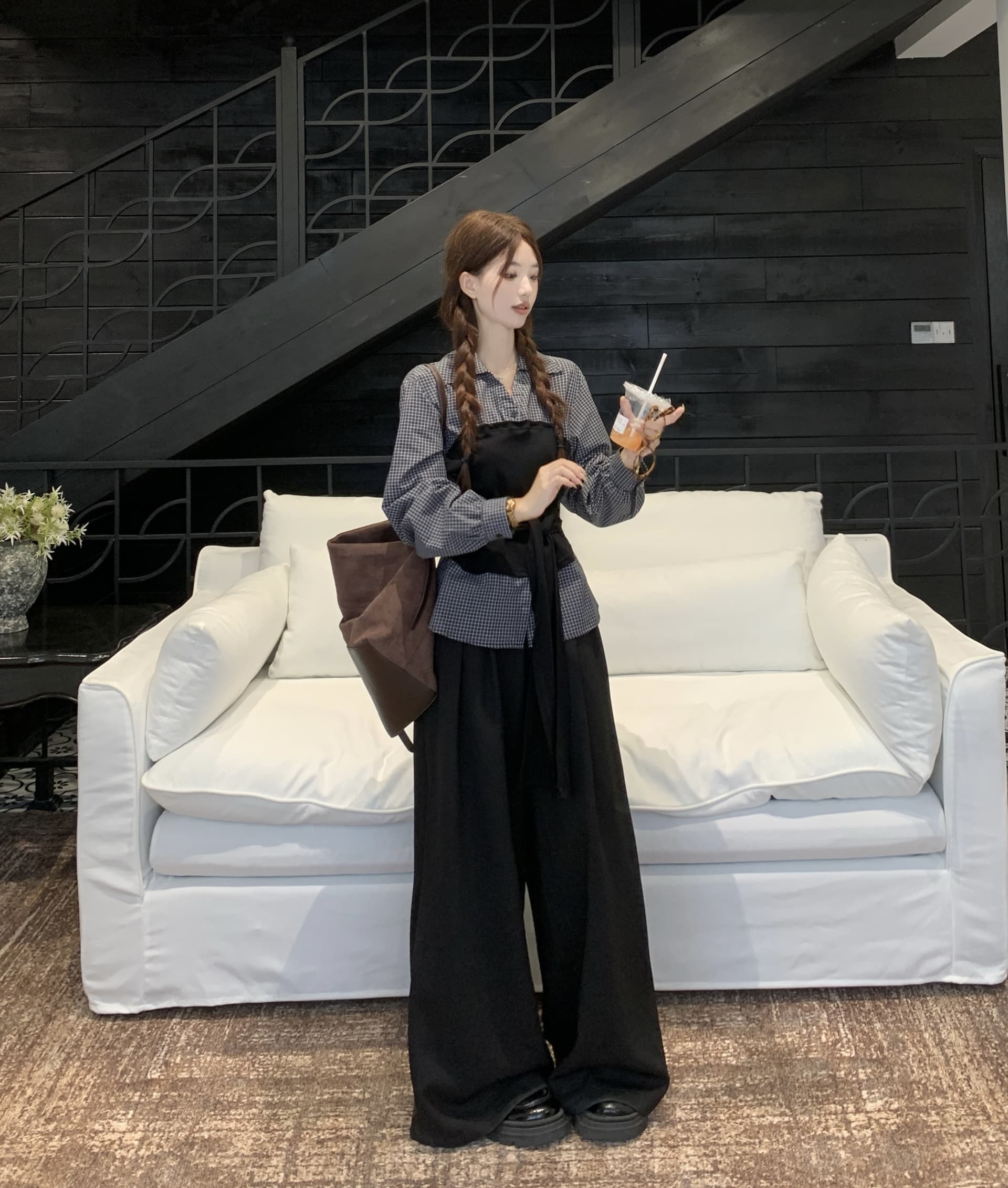 이른 가을 한 부서 패치워크 루즈핏 슬림해 보이는 세트 바지 페이크 레이어드 한국 스타일 패션 다용도 몸매 가꾸기 슬림해 보이는 긴팔 셔츠