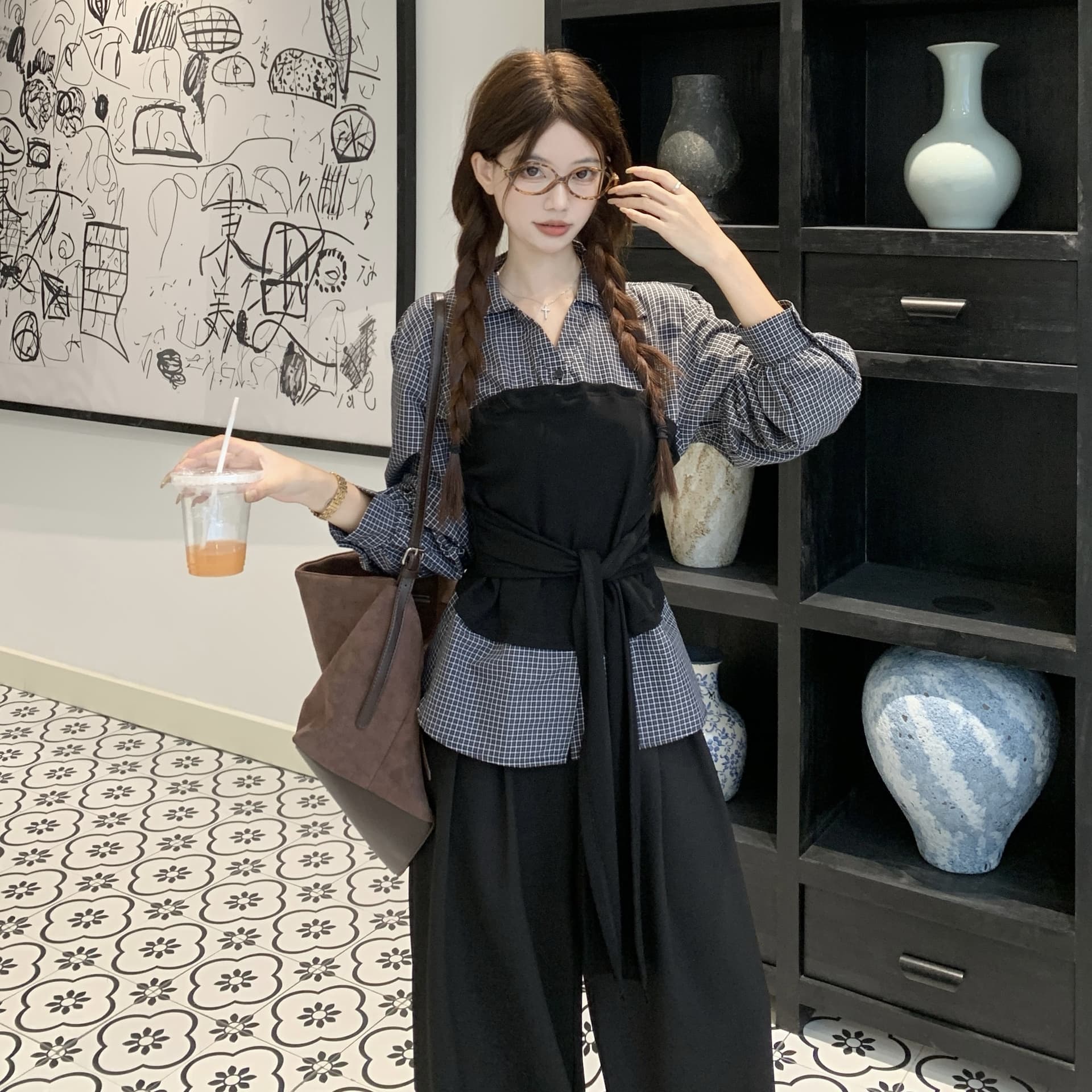 이른 가을 한 부서 패치워크 루즈핏 슬림해 보이는 세트 바지 페이크 레이어드 한국 스타일 패션 다용도 몸매 가꾸기 슬림해 보이는 긴팔 셔츠 이미지 5