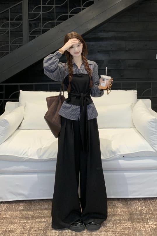 이른 가을 한 부서 패치워크 루즈핏 슬림해 보이는 세트 바지 페이크 레이어드 한국 스타일 패션 다용도 몸매 가꾸기 슬림해 보이는 긴팔 셔츠 이미지 6