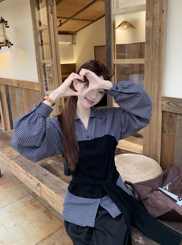 이른 가을 한 부서 패치워크 루즈핏 슬림해 보이는 세트 바지 페이크 레이어드 한국 스타일 패션 다용도 몸매 가꾸기 슬림해 보이는 긴팔 셔츠 상세 이미지 9