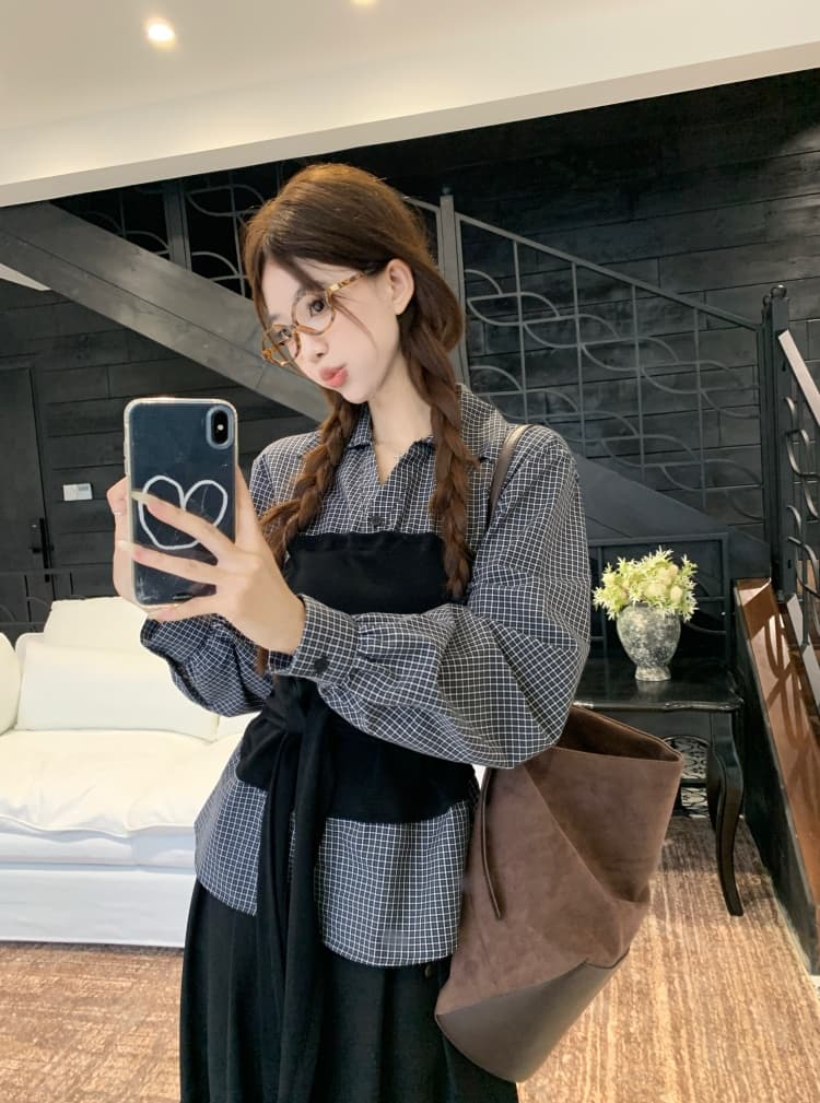 이른 가을 한 부서 패치워크 루즈핏 슬림해 보이는 세트 바지 페이크 레이어드 한국 스타일 패션 다용도 몸매 가꾸기 슬림해 보이는 긴팔 셔츠 상세 이미지 11