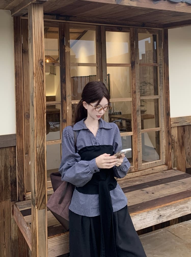 이른 가을 한 부서 패치워크 루즈핏 슬림해 보이는 세트 바지 페이크 레이어드 한국 스타일 패션 다용도 몸매 가꾸기 슬림해 보이는 긴팔 셔츠 상세 이미지 14