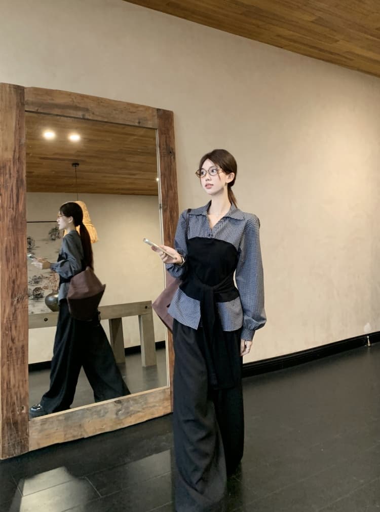 이른 가을 한 부서 패치워크 루즈핏 슬림해 보이는 세트 바지 페이크 레이어드 한국 스타일 패션 다용도 몸매 가꾸기 슬림해 보이는 긴팔 셔츠 상세 이미지 17