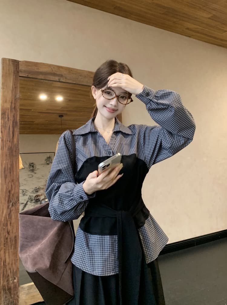 이른 가을 한 부서 패치워크 루즈핏 슬림해 보이는 세트 바지 페이크 레이어드 한국 스타일 패션 다용도 몸매 가꾸기 슬림해 보이는 긴팔 셔츠 상세 이미지 22