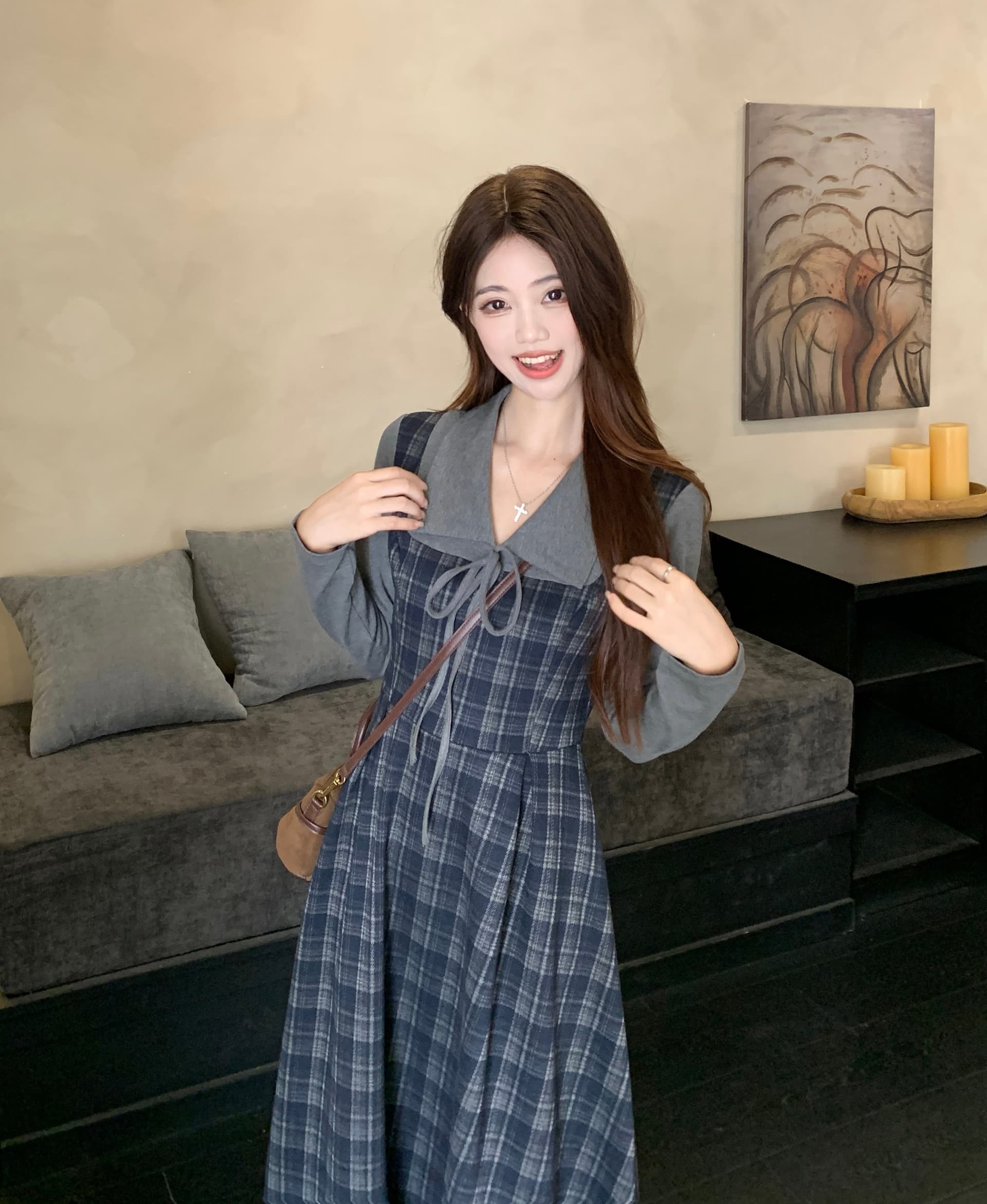 빅 사이즈 레트로 체크무늬 여성 드레스 2026 가을 새로운 허리 수축 페이크 레이어드 빛 럭셔리 자이언트 잘 생긴 긴팔 치마 이미지 3