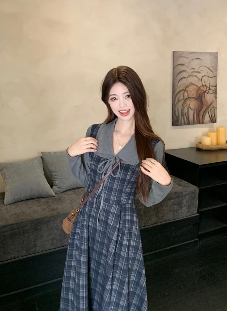 빅 사이즈 레트로 체크무늬 여성 드레스 2026 가을 새로운 허리 수축 페이크 레이어드 빛 럭셔리 자이언트 잘 생긴 긴팔 치마 상세 이미지 5