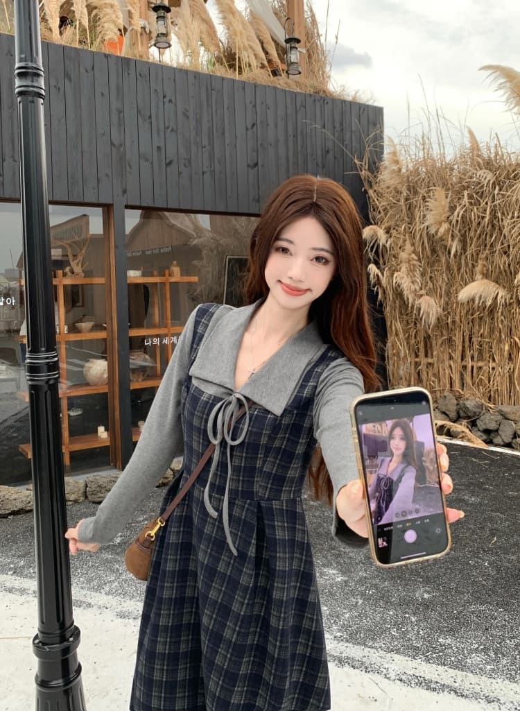 빅 사이즈 레트로 체크무늬 여성 드레스 2026 가을 새로운 허리 수축 페이크 레이어드 빛 럭셔리 자이언트 잘 생긴 긴팔 치마 상세 이미지 12