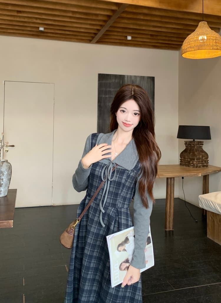 빅 사이즈 레트로 체크무늬 여성 드레스 2026 가을 새로운 허리 수축 페이크 레이어드 빛 럭셔리 자이언트 잘 생긴 긴팔 치마 상세 이미지 16