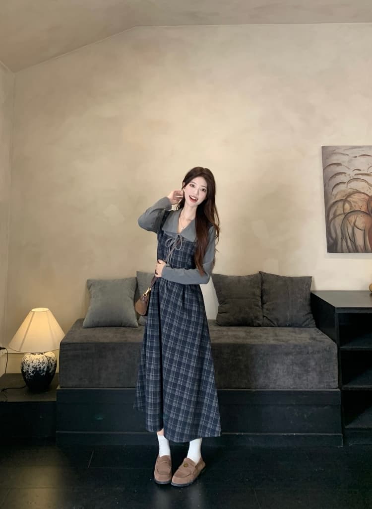 빅 사이즈 레트로 체크무늬 여성 드레스 2026 가을 새로운 허리 수축 페이크 레이어드 빛 럭셔리 자이언트 잘 생긴 긴팔 치마 상세 이미지 17