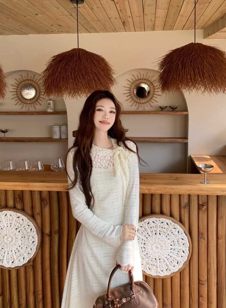 레이스 자수 반하이넥 긴팔 허리 수축 만나는 여성 드레스 2026 새로운 나비 매듭 스트랩 레이스 드레스 상세 이미지 12