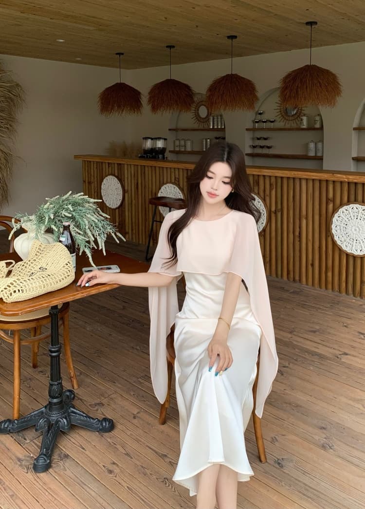 빅 사이즈 여성 의류 2026 봄 여름 새로운 천 금빛 바람 패치워크 망토 숄 칼라 드레스 페이크 레이어드 품격 롱 스커트 상세 이미지 6