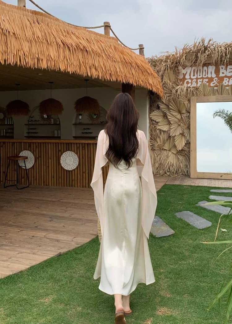 빅 사이즈 여성 의류 2026 봄 여름 새로운 천 금빛 바람 패치워크 망토 숄 칼라 드레스 페이크 레이어드 품격 롱 스커트 상세 이미지 15