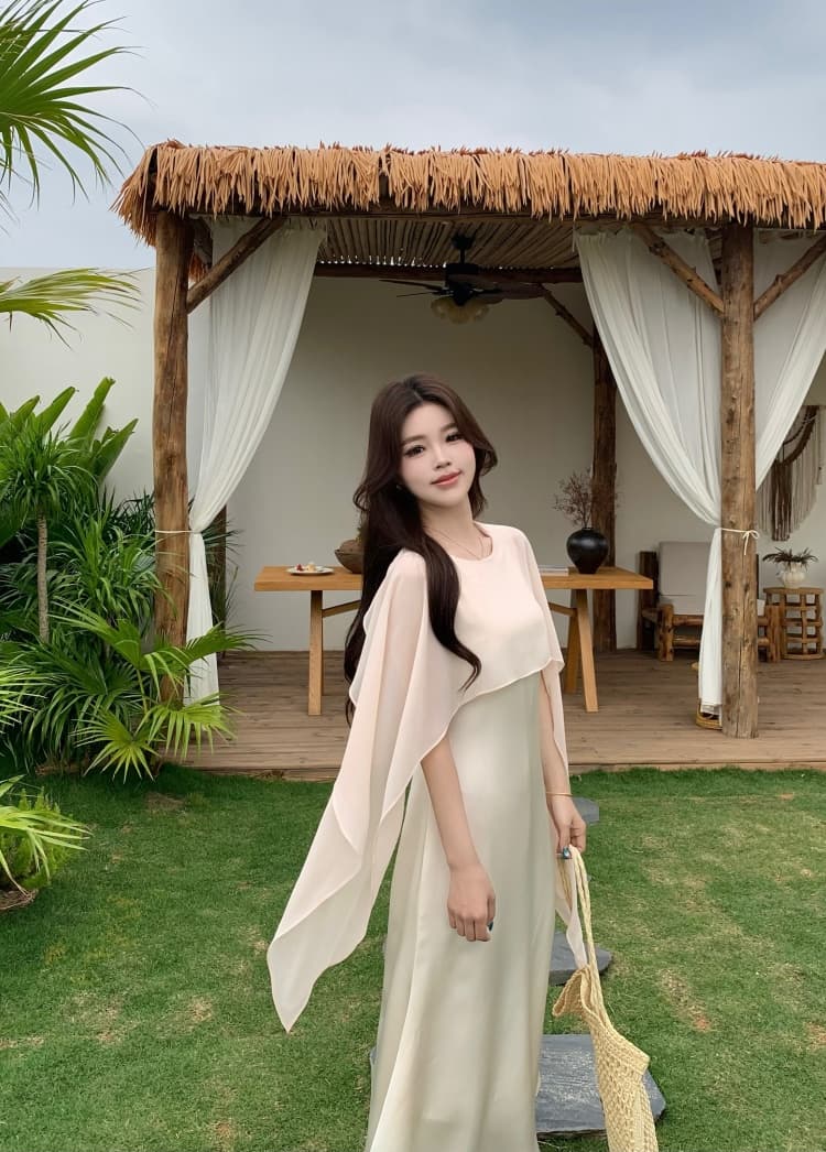 빅 사이즈 여성 의류 2026 봄 여름 새로운 천 금빛 바람 패치워크 망토 숄 칼라 드레스 페이크 레이어드 품격 롱 스커트 상세 이미지 17