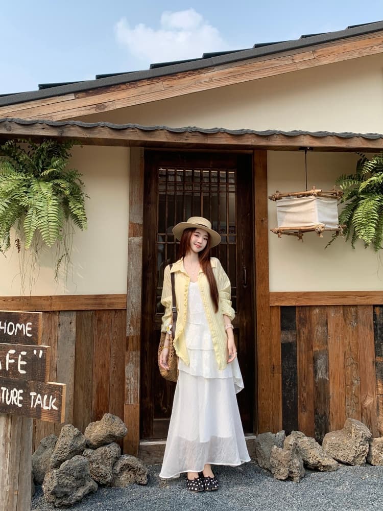 프랑스식 품격 부드러운 바람 레이스 V넥 슬립 여성 드레스 불규칙 A라인 스커트 허리 수축 휴가 롱 스커트 세트 상세 이미지 10