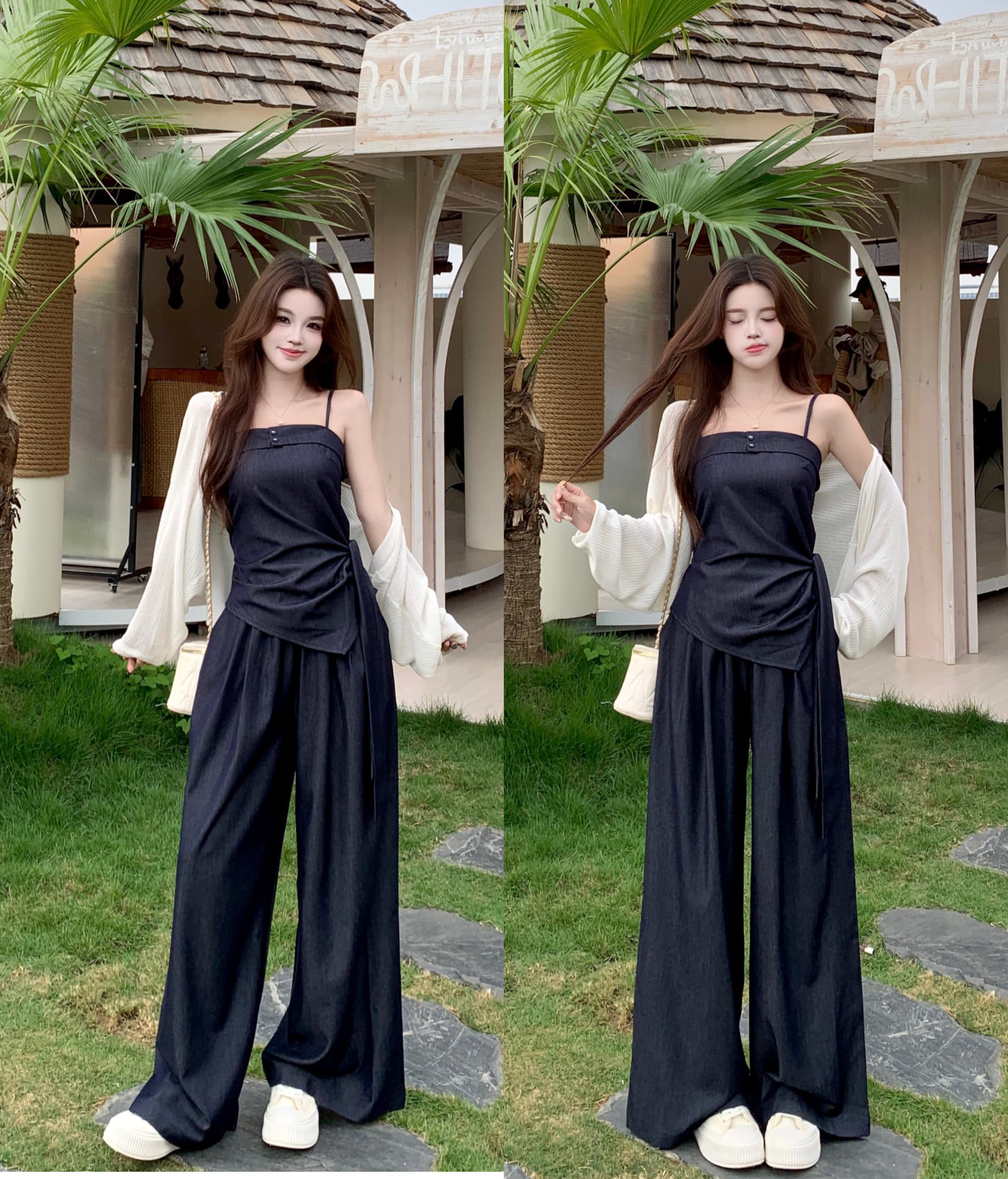 고유 한 아름다운 전체 집합 봄 여름 한 부서 고급 센스 부드러운 품격 자외선 차단 오픈 가디건 슬립 와이드 레그 팬츠 3종 세트