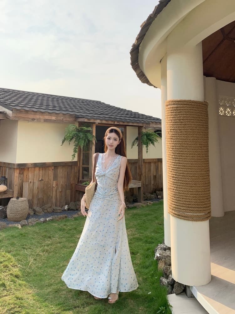 안개 블루 섬 부드러운 V넥 레이스 드레스 여름 프랑스식 한 마디 롱 코트 프린트 레이스 허리 수축 여성 드레스 상세 이미지 6