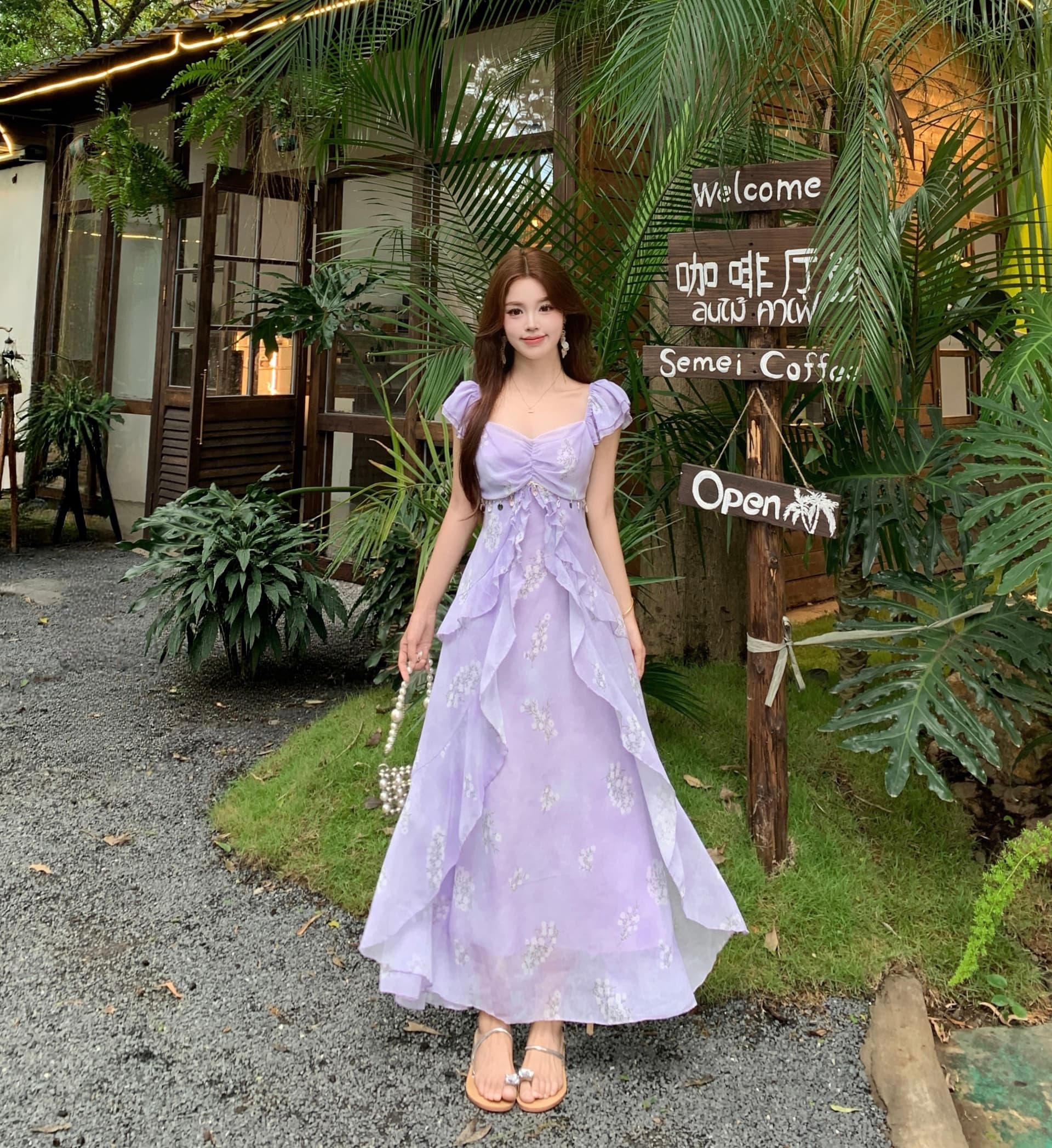 빅 사이즈 지방 mm 2026 여름 우아한 쉬폰 프릴 휴가 바람 드레스 허리 수축 표지 배 한 마디 롱 스커트 이미지 2