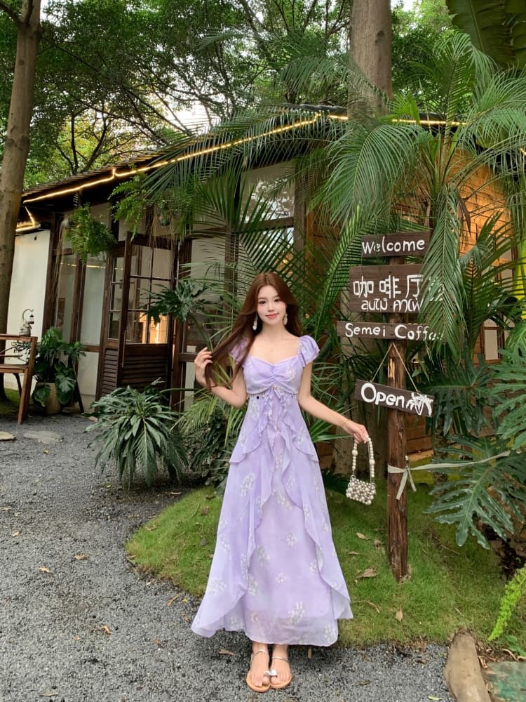 빅 사이즈 지방 mm 2026 여름 우아한 쉬폰 프릴 휴가 바람 드레스 허리 수축 표지 배 한 마디 롱 스커트 상세 이미지 19