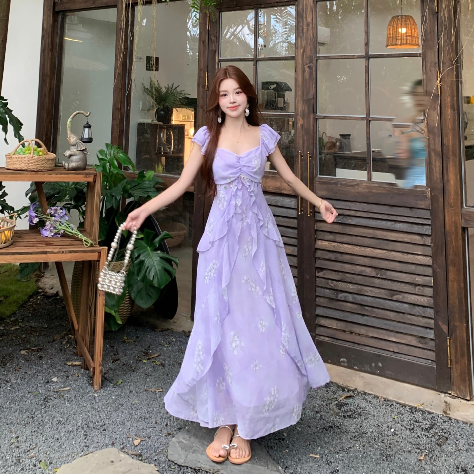 빅 사이즈 지방 mm 2026 여름 우아한 쉬폰 프릴 휴가 바람 드레스 허리 수축 표지 배 한 마디 롱 스커트 이미지 5