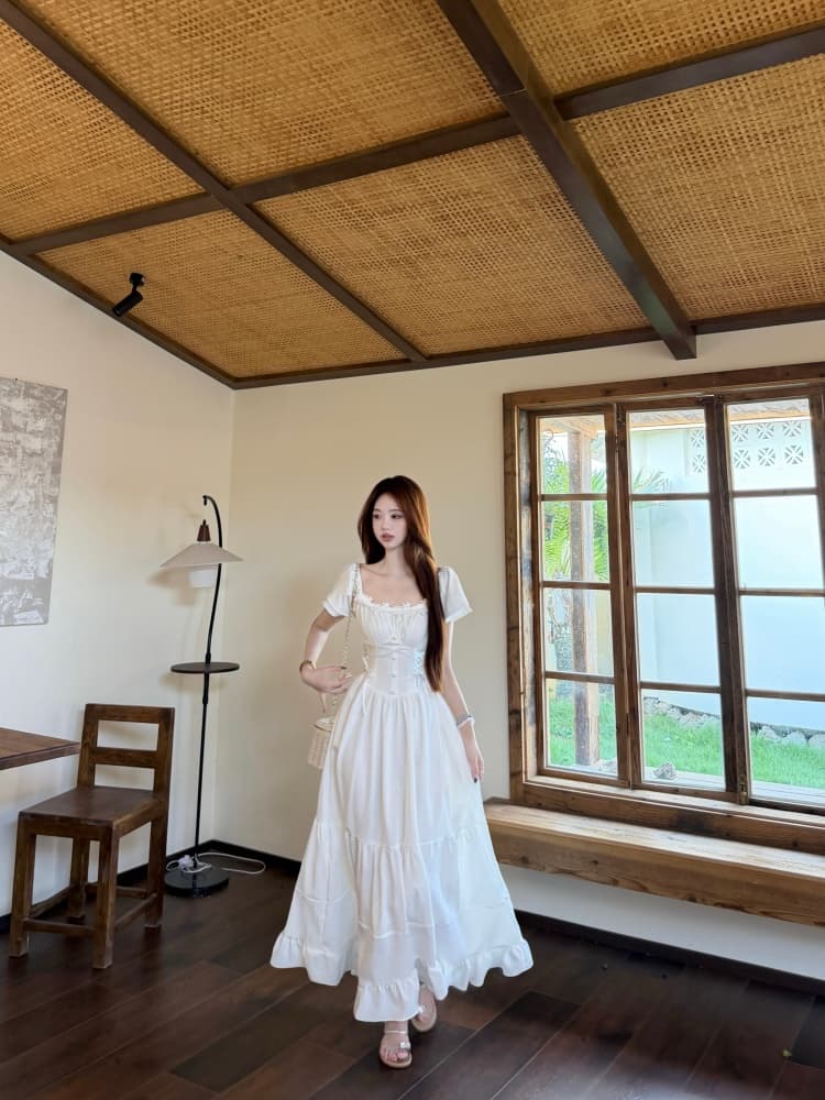 빅 사이즈 2026 공주 바람 화이트 광장 칼라 3 차원 꽃 품격 롱 스커트 부드러운 달콤함 슬림해 보이는 한 마디 롱 스커트 여성 상세 이미지 17