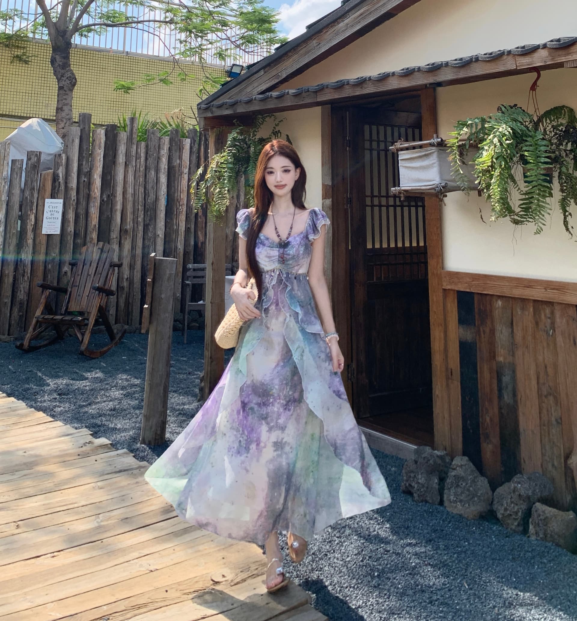 지방 mm 요정 몽환 보라색 홀치기 염색 치마 여성 우아한 쉬폰 프릴 휴가 바람 허리 수축 표지 배 한 마디 드레스 이미지 2