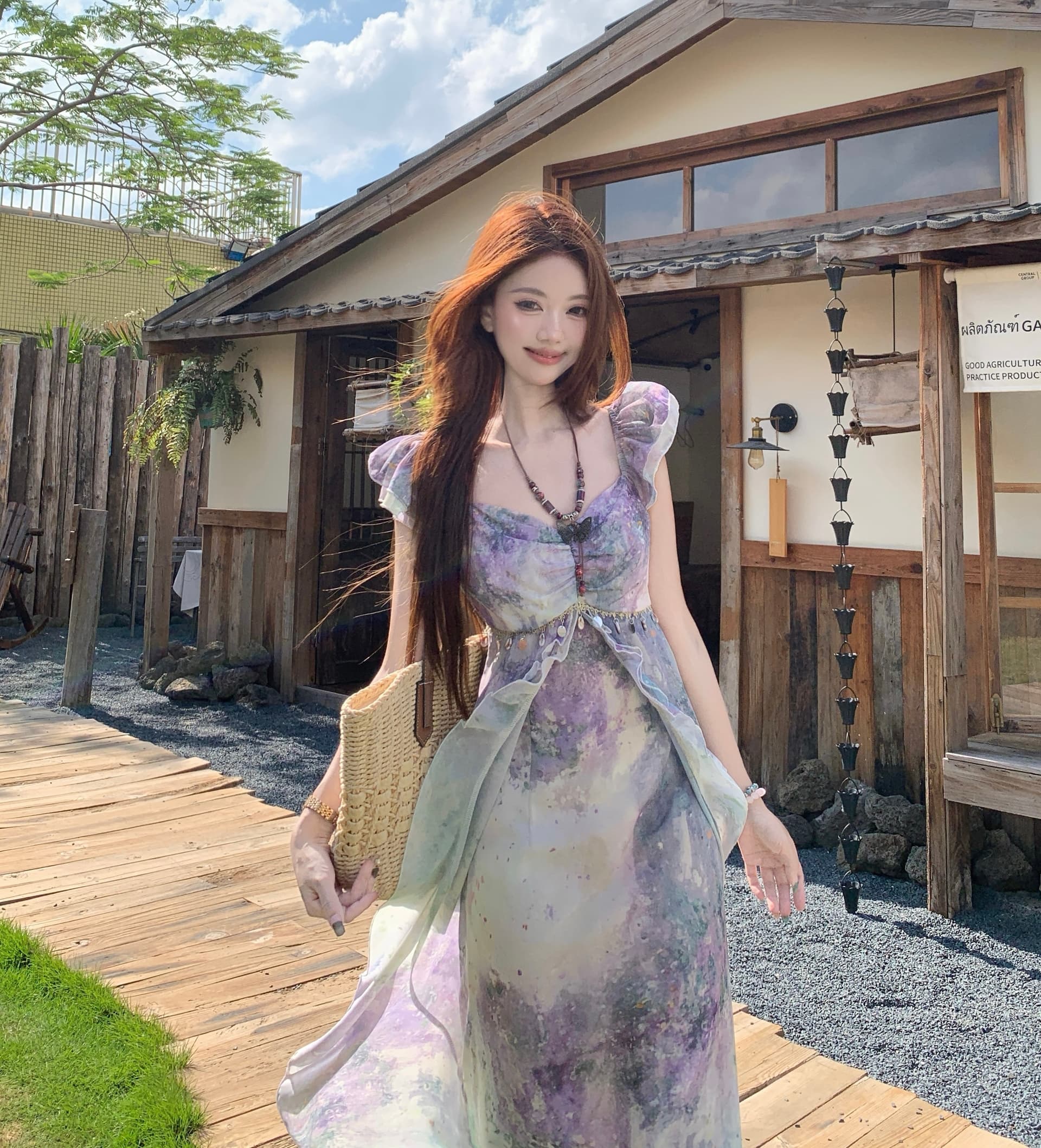 지방 mm 요정 몽환 보라색 홀치기 염색 치마 여성 우아한 쉬폰 프릴 휴가 바람 허리 수축 표지 배 한 마디 드레스