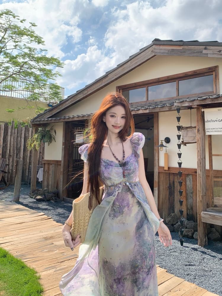 지방 mm 요정 몽환 보라색 홀치기 염색 치마 여성 우아한 쉬폰 프릴 휴가 바람 허리 수축 표지 배 한 마디 드레스 상세 이미지 4