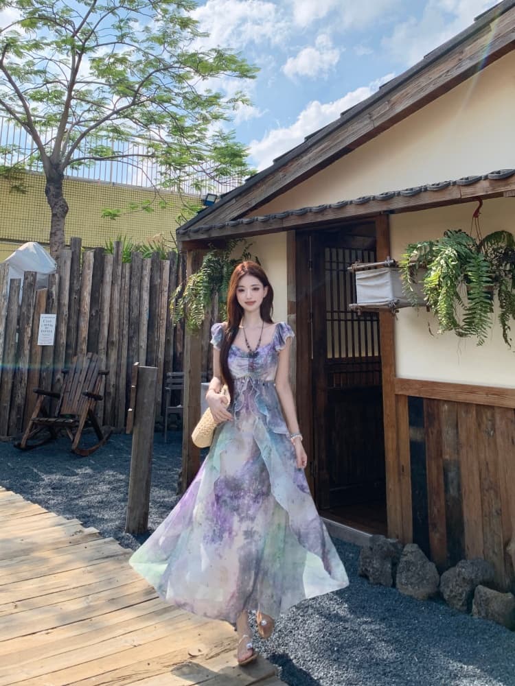 지방 mm 요정 몽환 보라색 홀치기 염색 치마 여성 우아한 쉬폰 프릴 휴가 바람 허리 수축 표지 배 한 마디 드레스 상세 이미지 9