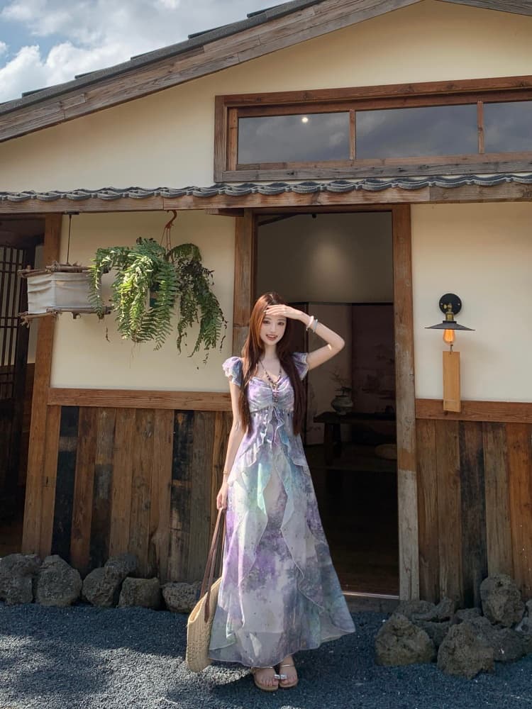 지방 mm 요정 몽환 보라색 홀치기 염색 치마 여성 우아한 쉬폰 프릴 휴가 바람 허리 수축 표지 배 한 마디 드레스 상세 이미지 12