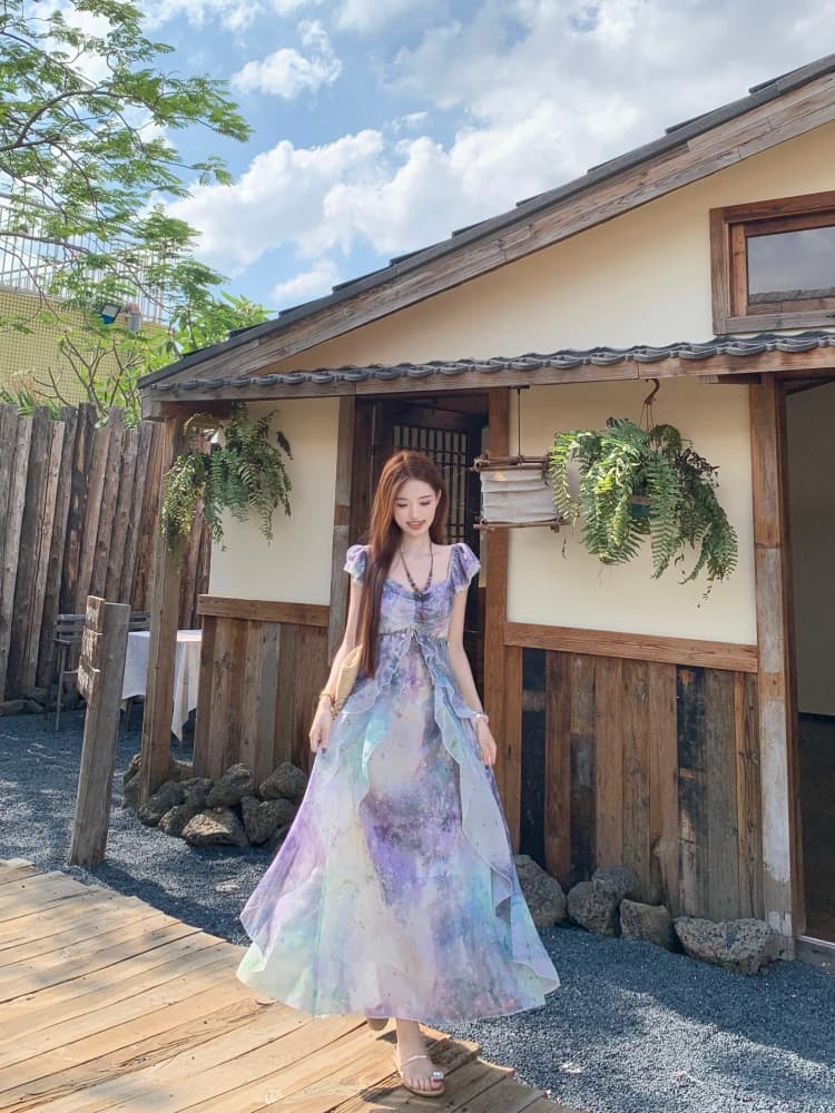 지방 mm 요정 몽환 보라색 홀치기 염색 치마 여성 우아한 쉬폰 프릴 휴가 바람 허리 수축 표지 배 한 마디 드레스 상세 이미지 20