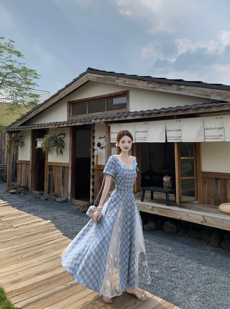 빅 사이즈 프랑스식 광장 칼라 레이스 조각 블루 체크무늬 여성 드레스 여름 새로운 아름다운 고유 한 작은 대중 드레스 상세 이미지 8