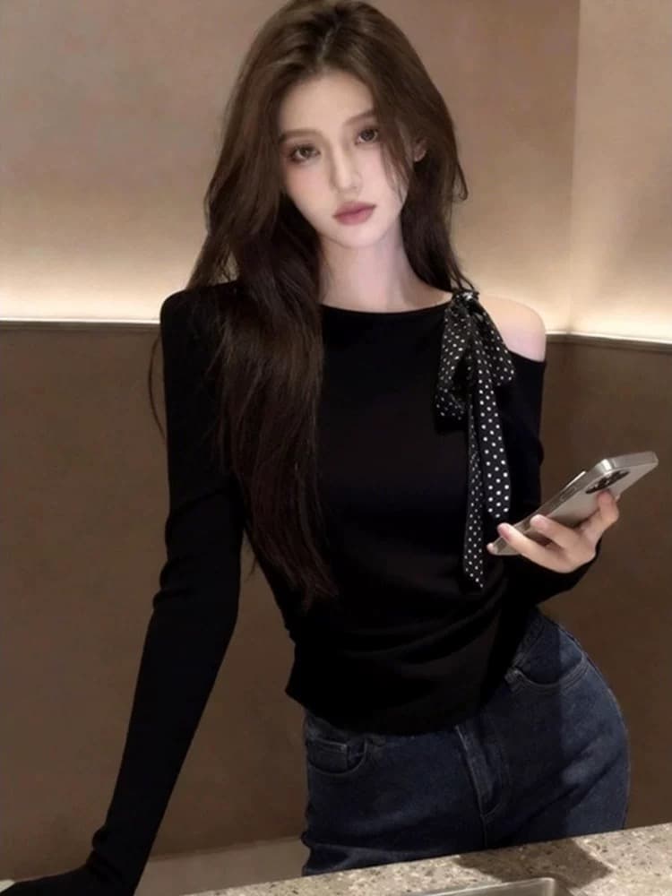 디자인 센스 오프숄더 검정색 긴팔 티셔츠 조기 봄 아름다운 나비 넥타이 맨위 몸매 가꾸기 여성 기본 셔츠 상세 이미지 1