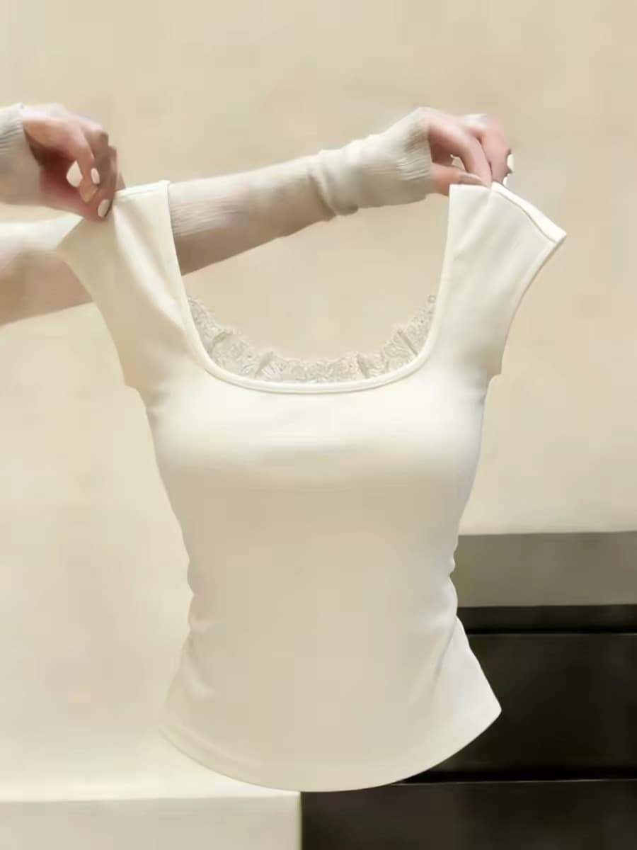 한 부서 품격 검정색 레이스 측면 광장 칼라 어깨 티셔츠 여성 여름 새로운 작은 대중 외국 가스 몸매 가꾸기 슬림해 보이는 맨위 상세 이미지 1