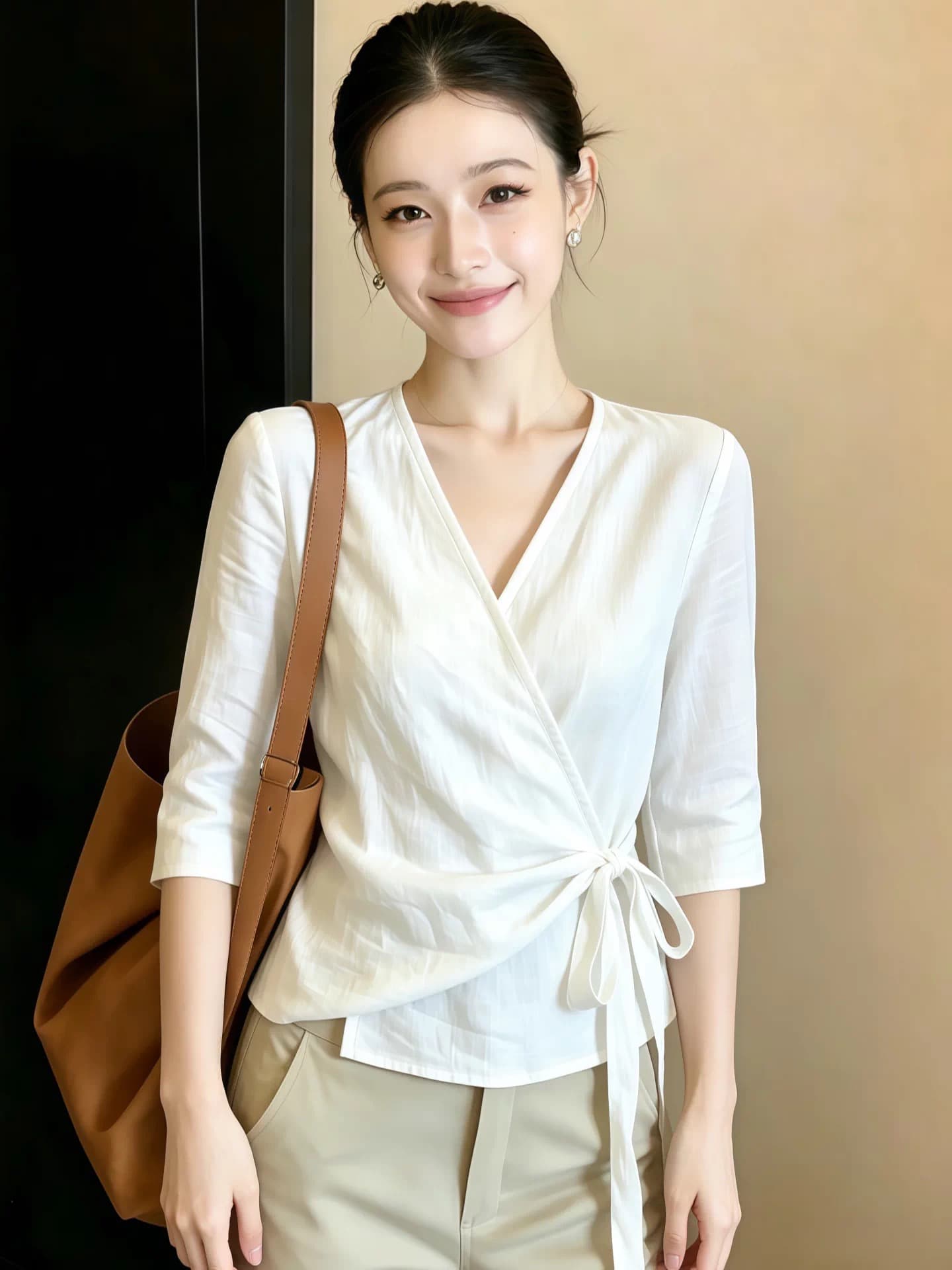 화이트 7부 소매 셔츠 여자 2026 새로운 여름 여성 프랑스식 레이스업 허리 수축 자이언트 잘 생긴 셔츠 맨위 상세 이미지 2