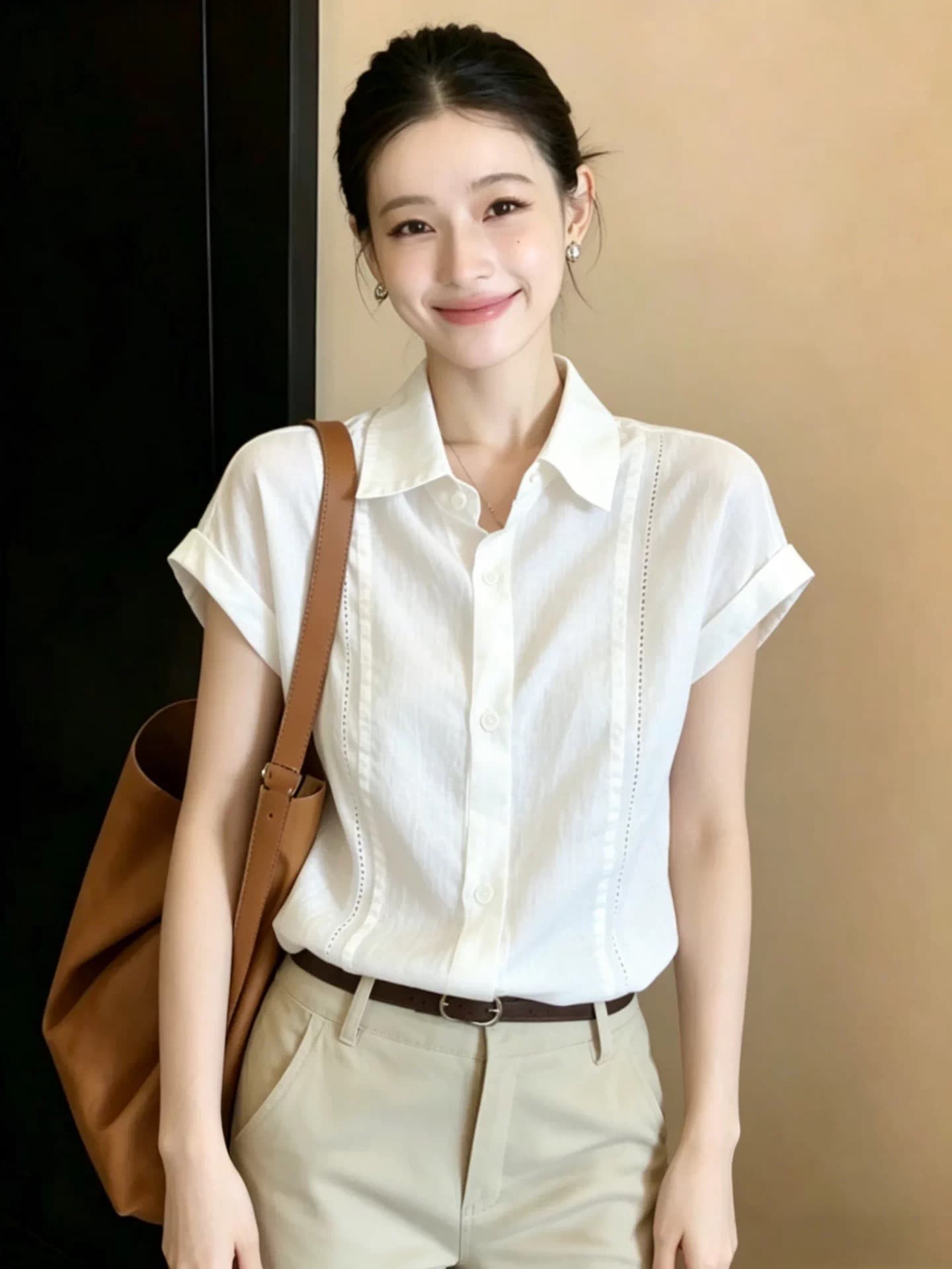 화이트 POLO 칼라 반팔 셔츠 여자 2026 새로운 여름 디자인 센스 프랑스식 사소한 Chic 셔츠 맨위 상세 이미지 1
