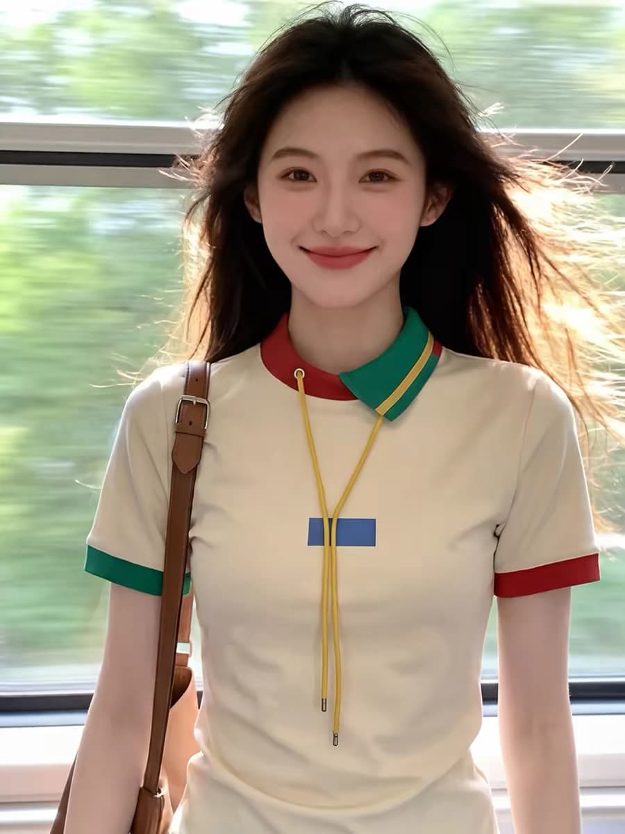 프랑스식 패션 외국 가스 빛 럭셔리 고급 센스 맨위 고유 한 슈퍼 잘 생긴 베이지 색 polo 패치워크 배색 티셔츠 여성 봄 상세 이미지 1