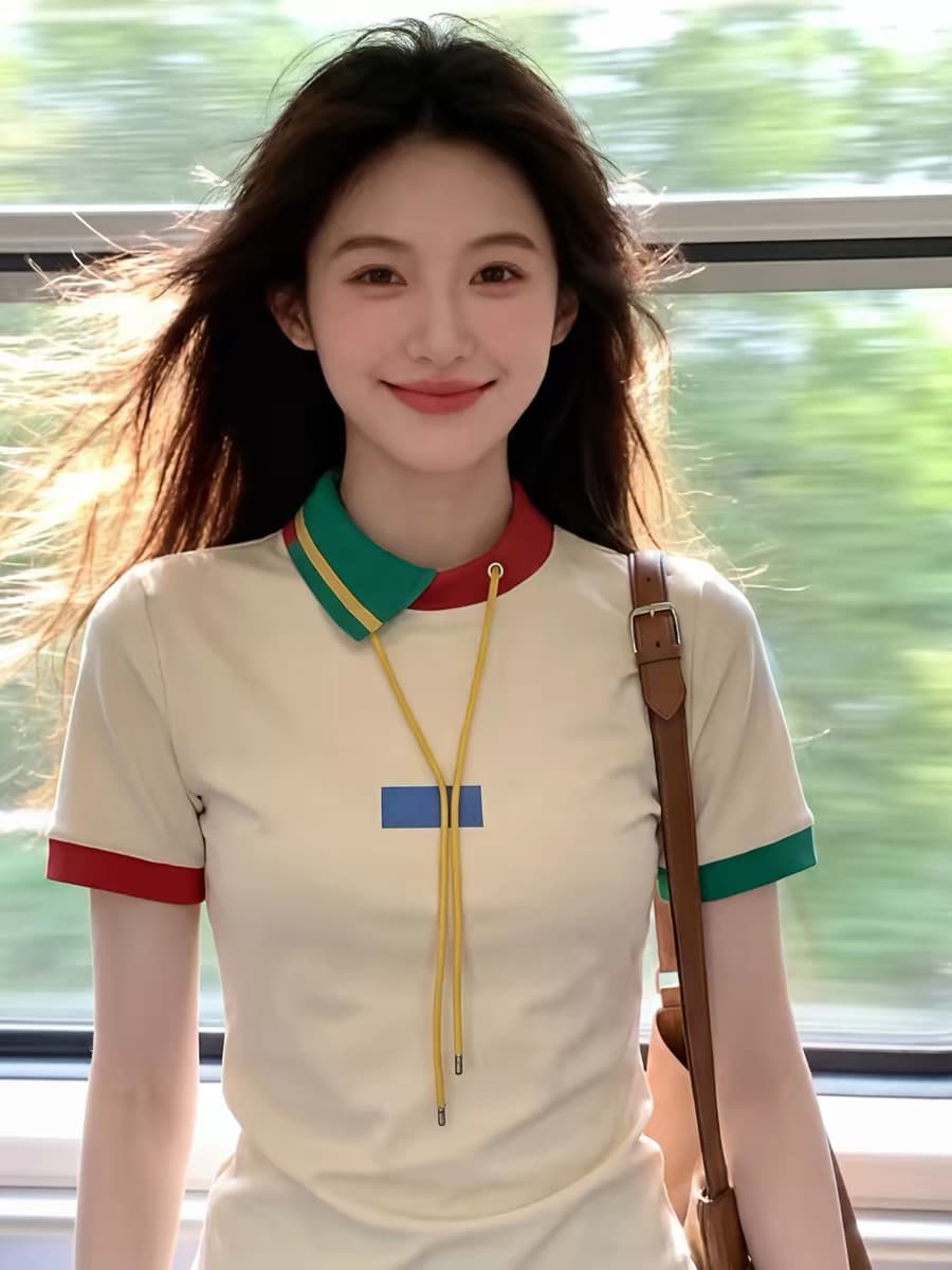 프랑스식 패션 외국 가스 빛 럭셔리 고급 센스 맨위 고유 한 슈퍼 잘 생긴 베이지 색 polo 패치워크 배색 티셔츠 여성 봄 상세 이미지 2