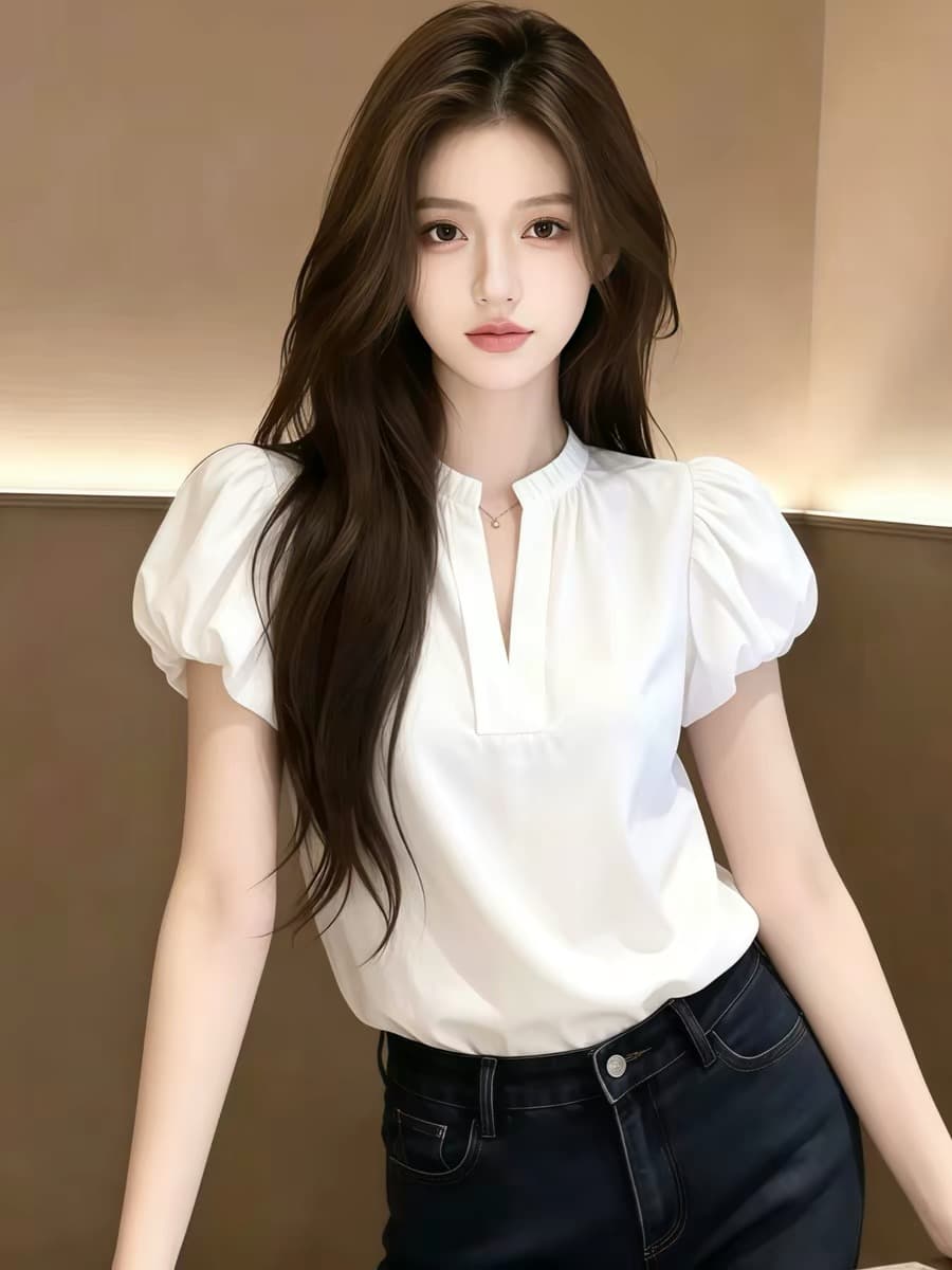 슈퍼 화재 연령 감소 V넥 아마 흰 셔츠 여자 2026 새로운 여름 고유 한 아름다운 작은 셔츠 디자인 센스 맨위 상세 이미지 1
