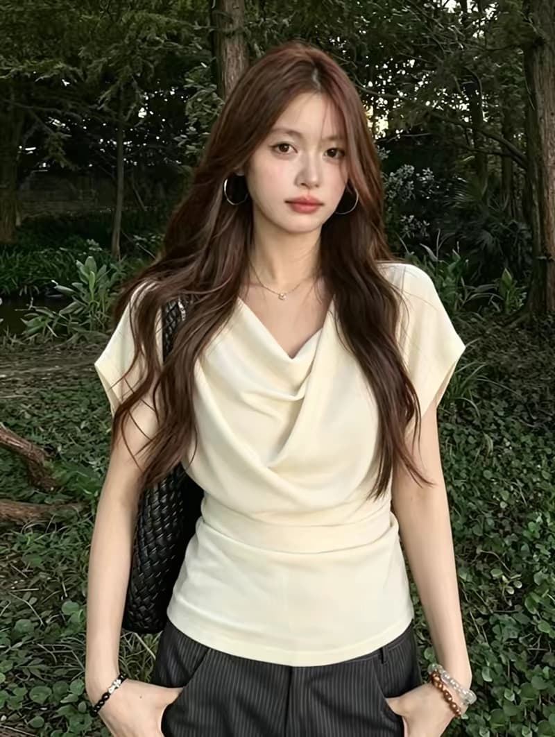 프랑스식 품격 화이트 흔들다 칼라 반팔 티셔츠 여성 여름 2026 새로운 작은 키 허리 수축 슬림해 보이는 다용도 맨위 상세 이미지 1