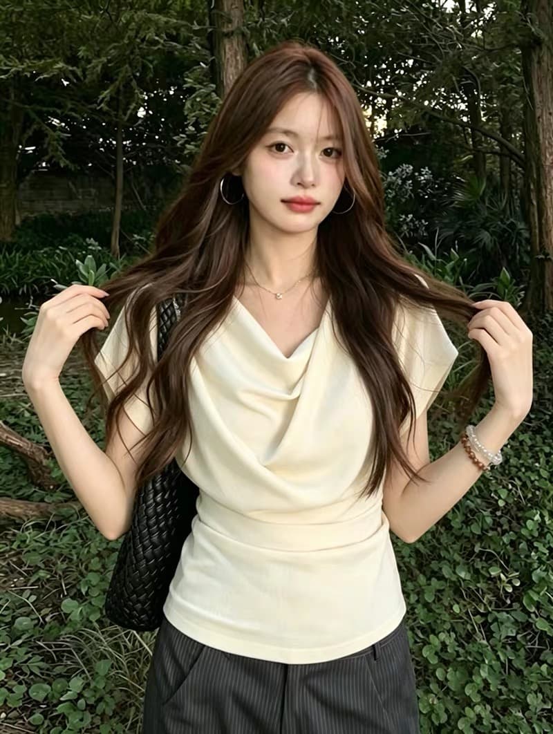 프랑스식 품격 화이트 흔들다 칼라 반팔 티셔츠 여성 여름 2026 새로운 작은 키 허리 수축 슬림해 보이는 다용도 맨위 상세 이미지 3
