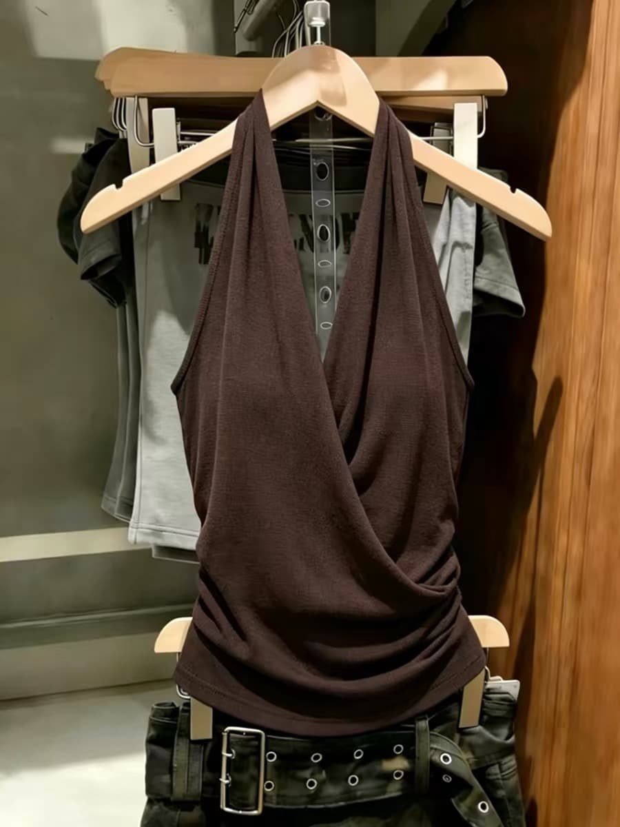 프랑스식 레트로 커피 색상 행침 목 백리스 민소매 조끼 여성 여름 새로운 작은 대중 아니요 명중 섹션 다용도 슬림해 보이는 맨위