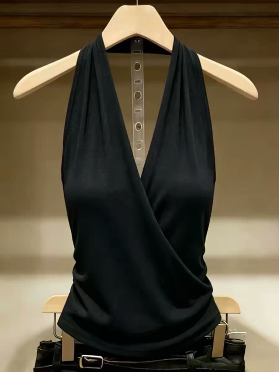 프랑스식 레트로 커피 색상 행침 목 백리스 민소매 조끼 여성 여름 새로운 작은 대중 아니요 명중 섹션 다용도 슬림해 보이는 맨위 이미지 2