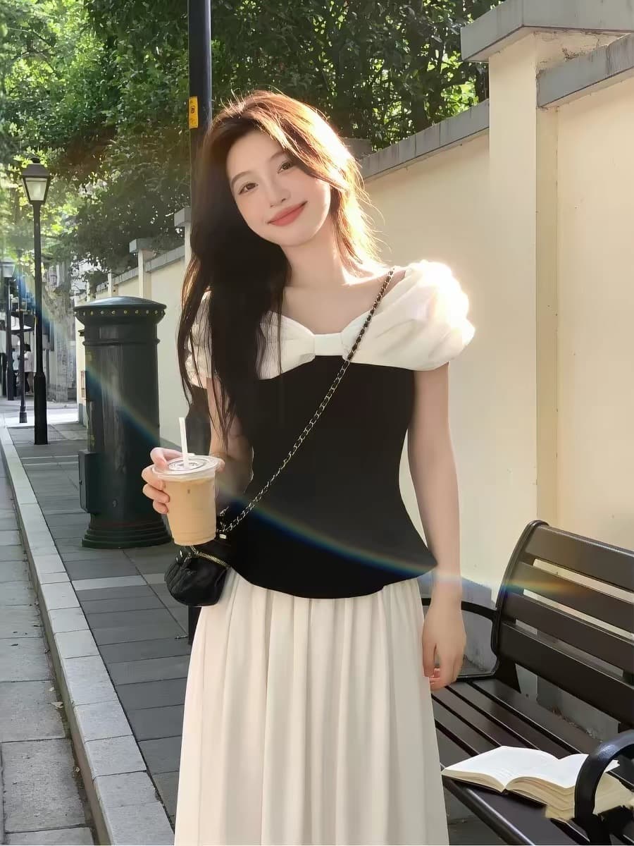프랑스식 오프숄더 반팔 여성 셔츠 여름 디자인 센스 작은 대중 허리 수축 슬림해 보이는 품격 고급 센스 출퇴근 맨위 상세 이미지 1