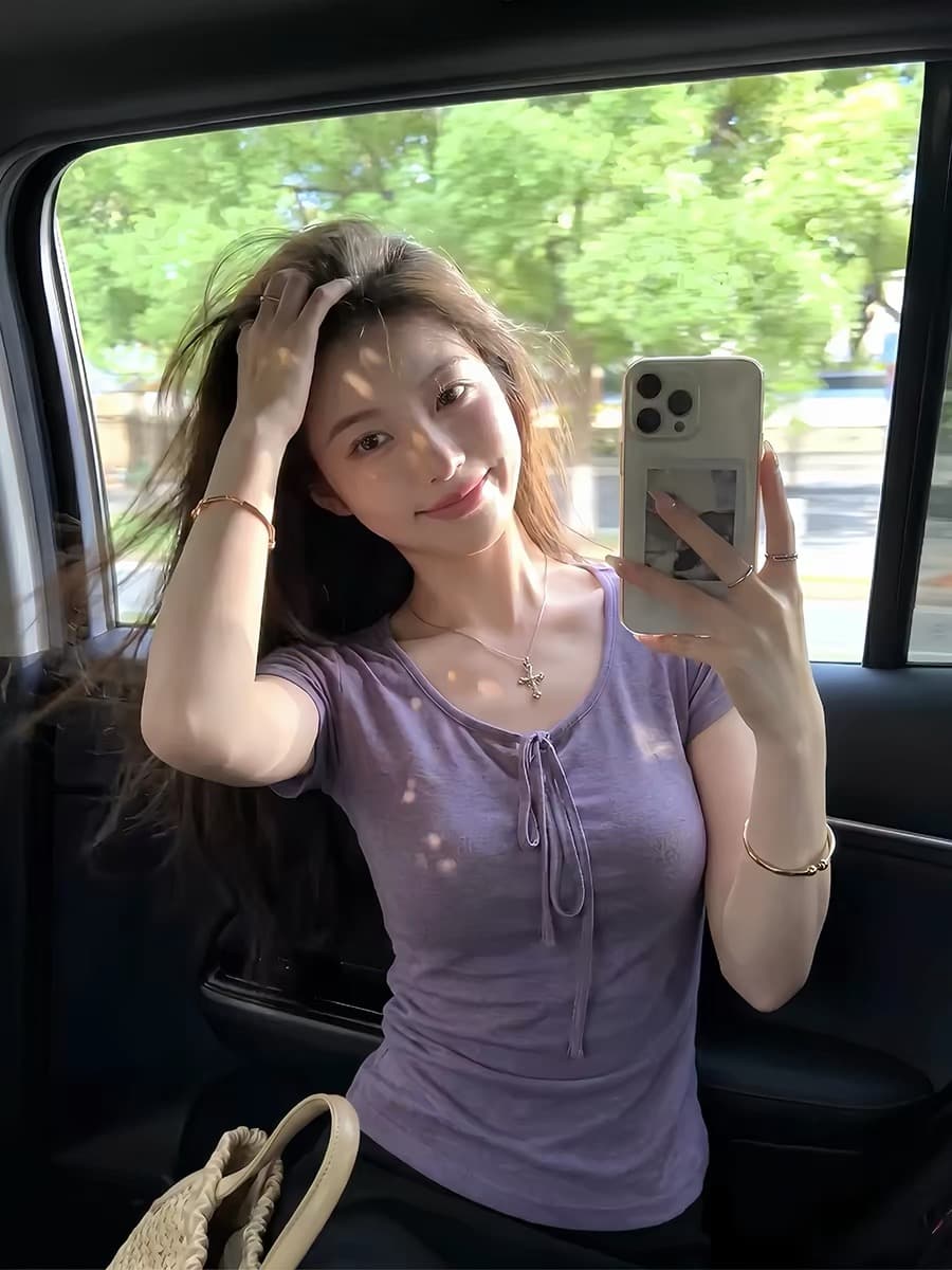 보라색 나비 넥타이 홀로우 아웃 반팔 티셔츠 여성 의류 여름 올해 인기 ~ 중 폭발 다용도 허리 수축 맨위 상세 이미지 2