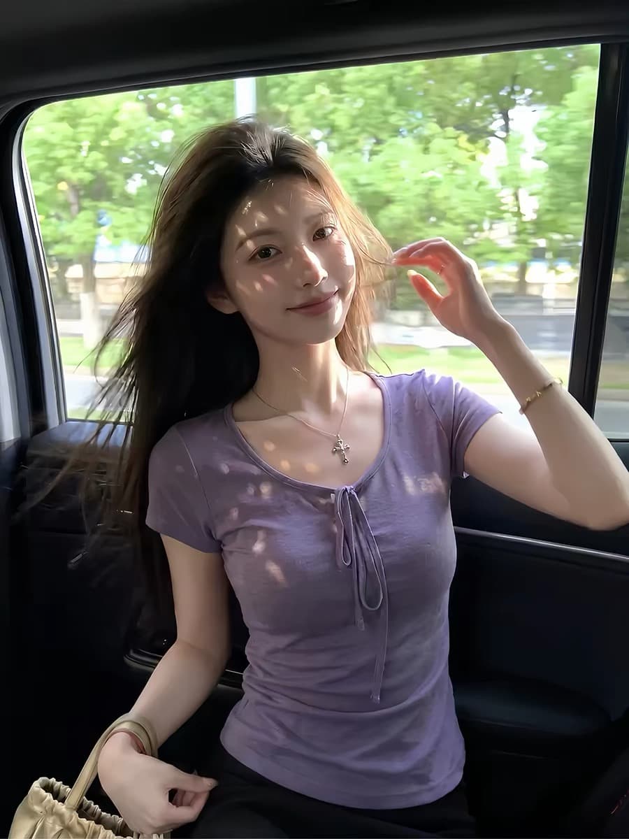 보라색 나비 넥타이 홀로우 아웃 반팔 티셔츠 여성 의류 여름 올해 인기 ~ 중 폭발 다용도 허리 수축 맨위 상세 이미지 3