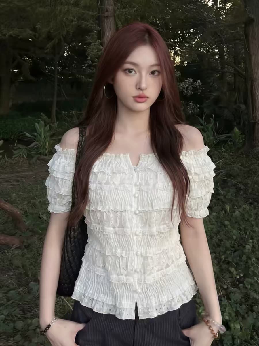 순수한 욕망 핫걸 프릴 오프숄더 반팔 맨위 여성 여름 고급 센스 레이스 작은 셔츠 품격 오프숄더 셔츠