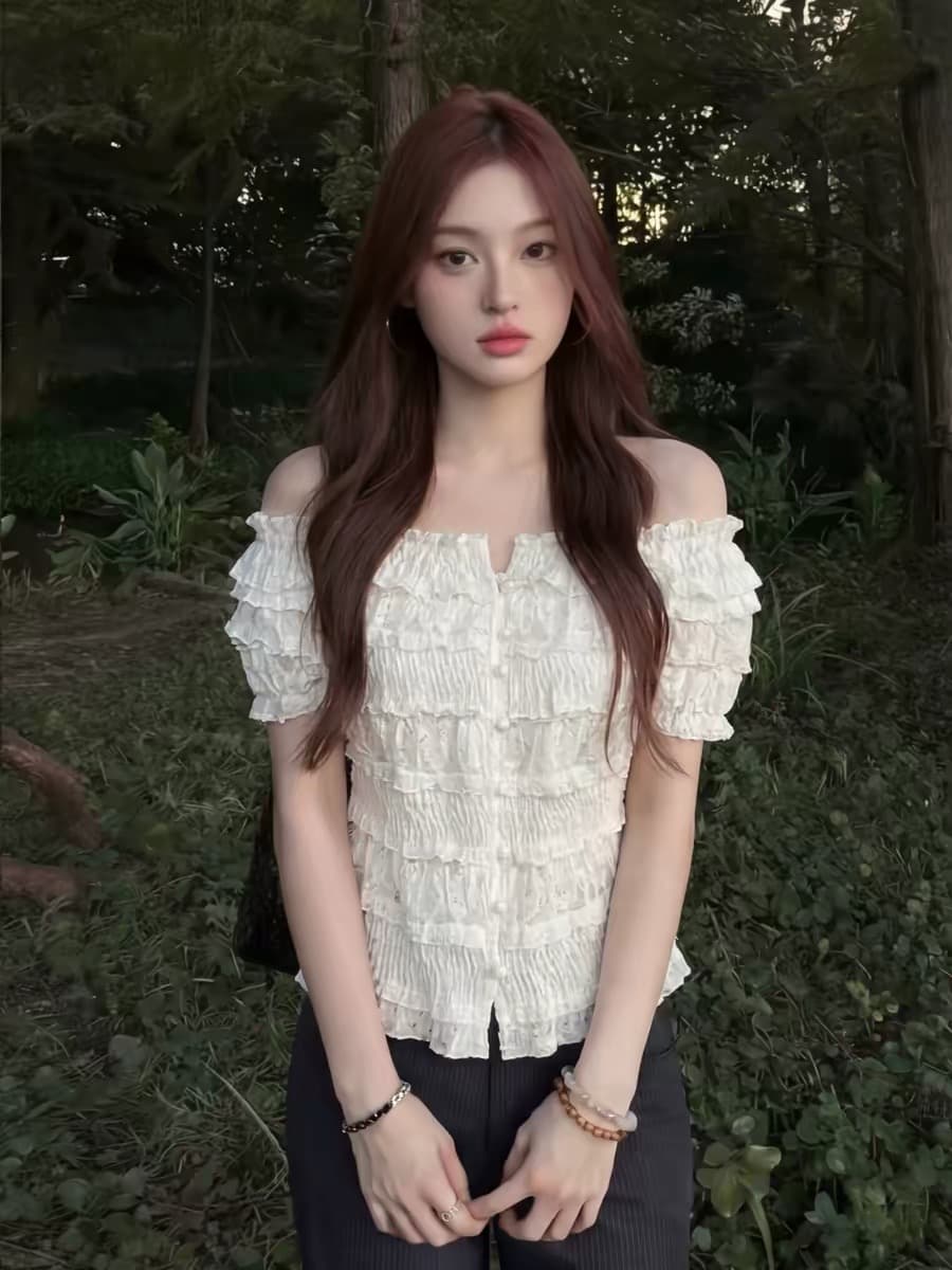 순수한 욕망 핫걸 프릴 오프숄더 반팔 맨위 여성 여름 고급 센스 레이스 작은 셔츠 품격 오프숄더 셔츠 상세 이미지 2