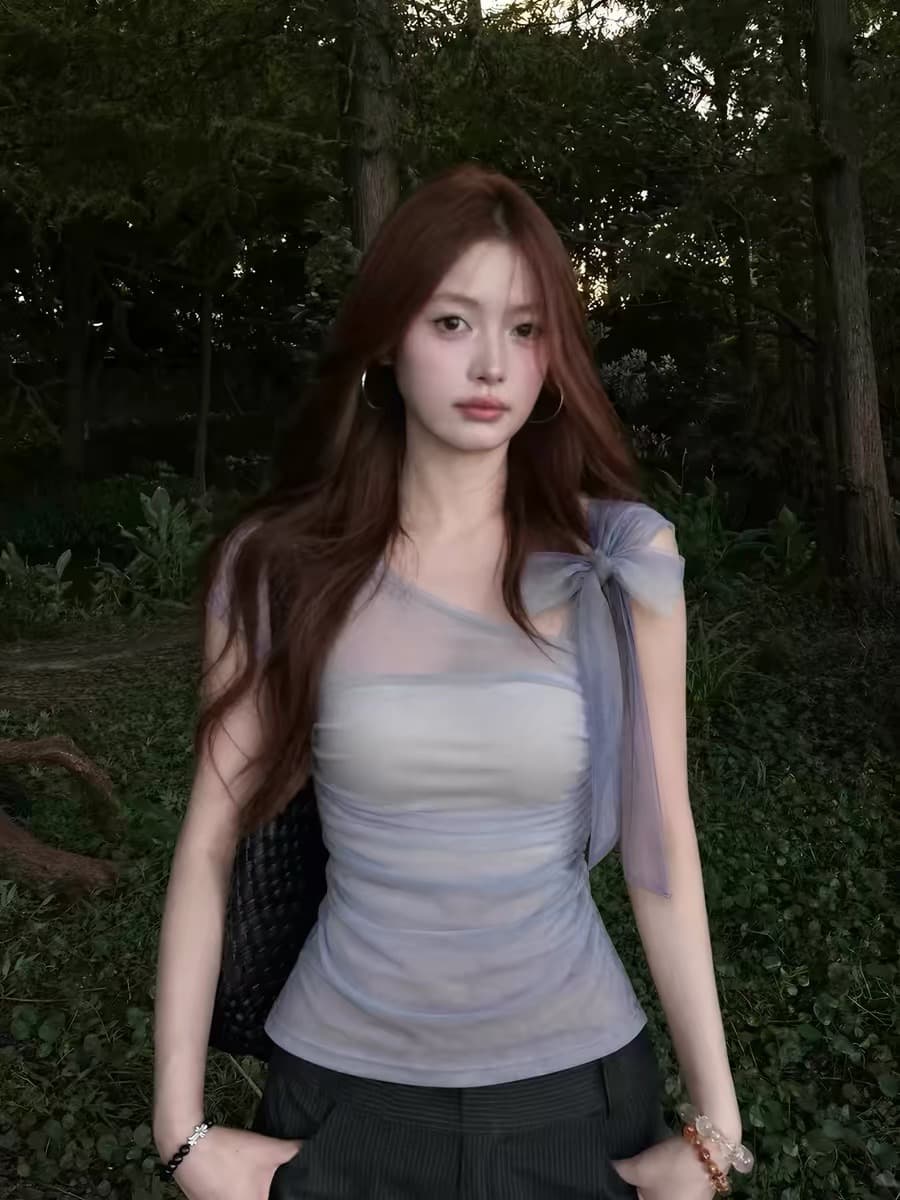 한 부서 고급 센스 나비 매듭 비스듬한 어깨 티셔츠 여성 여름 자이언트 잘 생긴 고유 한 아름다운 몸매 가꾸기 슬림해 보이는 디자인 센스 맨위 상세 이미지 1
