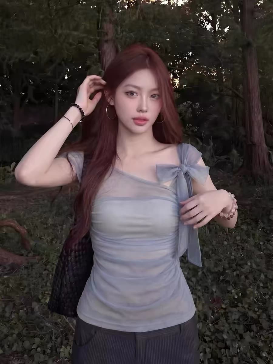 한 부서 고급 센스 나비 매듭 비스듬한 어깨 티셔츠 여성 여름 자이언트 잘 생긴 고유 한 아름다운 몸매 가꾸기 슬림해 보이는 디자인 센스 맨위 상세 이미지 2