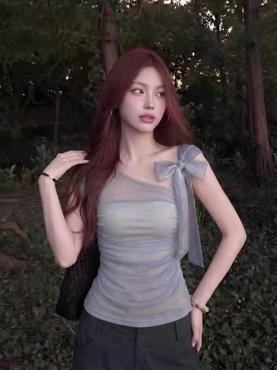 한 부서 고급 센스 나비 매듭 비스듬한 어깨 티셔츠 여성 여름 자이언트 잘 생긴 고유 한 아름다운 몸매 가꾸기 슬림해 보이는 디자인 센스 맨위 상세 이미지 3